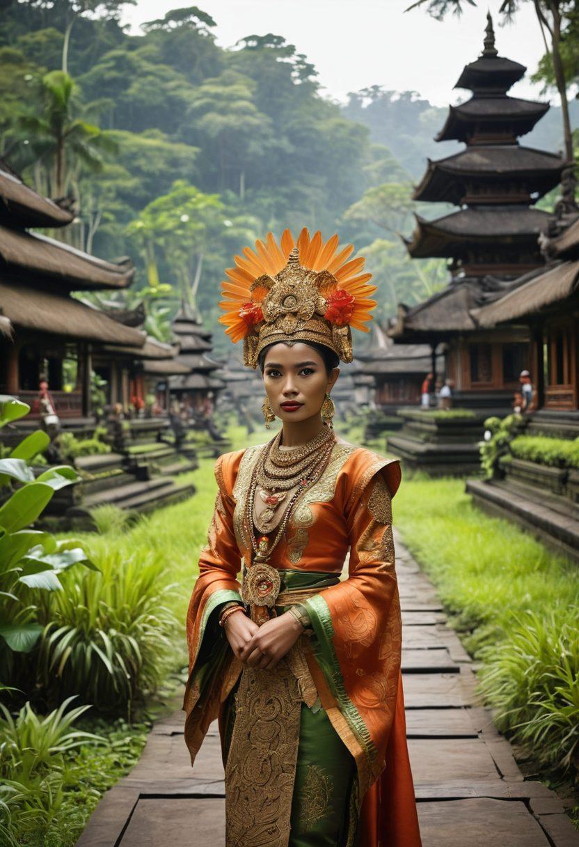 A dramatic scene showcasing an Indonesian film set, featuring traditional Balinese architecture blended with modern cinematography equipment. Actors in traditional costumes are seen interacting with high-tech camera gear on set, symbolizing the fusion of old and new. Lively colors and dynamic angles highlight the cultural richness and cinematic flair. The background hints at lush Indonesian landscapes. super-realistic. vibrant colors. cinematic style.