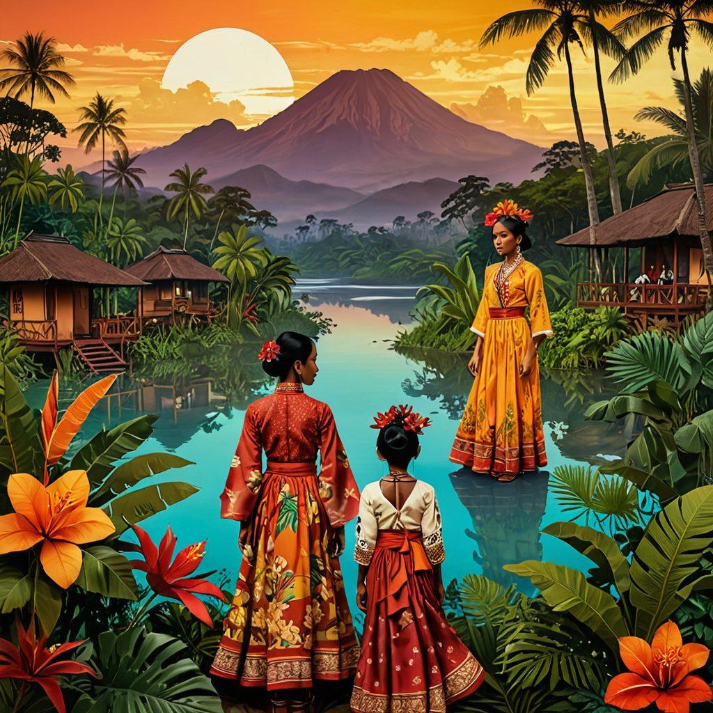 A captivating collage representing the vibrant culture of Indonesia, featuring traditional costumes, scenic landscapes, and artistic motifs related to cinema. Include silhouettes of filmmakers and film reels to symbolize the adult film industry, with a sensual undertone conveyed through soft lighting and warm colors. Ethnic patterns and tropical flora should weave through the composition, inviting viewers on a journey. painterly style. warm colors. rich textures.