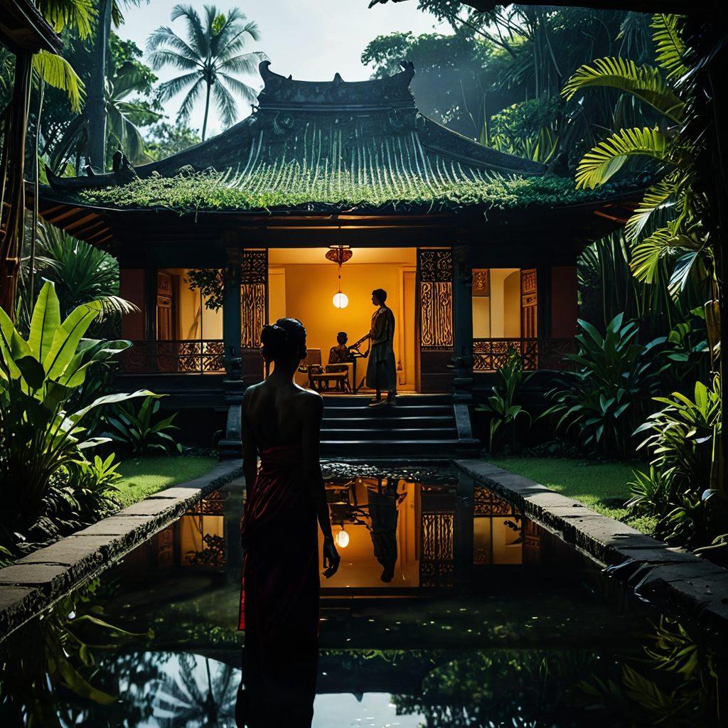 A cinematic landscape showcasing a lush Indonesian backdrop with local filmmakers at work, capturing intimate and daring scenes. Include traditional Balinese architecture and greenery, while capturing the essence of erotic storytelling through expressive poses and artful lighting. The ambiance should evoke a sense of exploration and passion in independent cinema. super-realistic. vibrant colors. cinematic style.